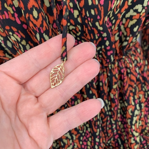 Esqualo chiffon shift dress smocked animal print black orange tiered tie neck 4 - Picture 4 of 6